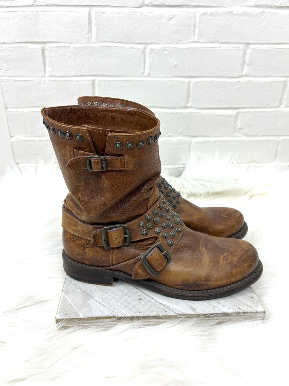 Frye Jenna 76795 Brown Leather Studded Harness Boots Size 8.5B